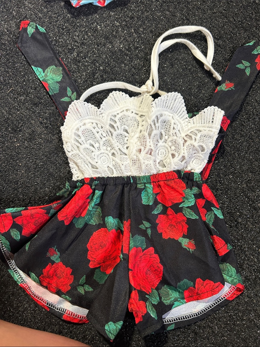 Girls Black Lace-Trim Romper with Red Rose Print